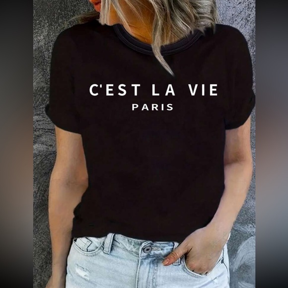 Rouge! Tops - Black Graphic French Text Print Tee Shirt Short Sleeve Crew Neck